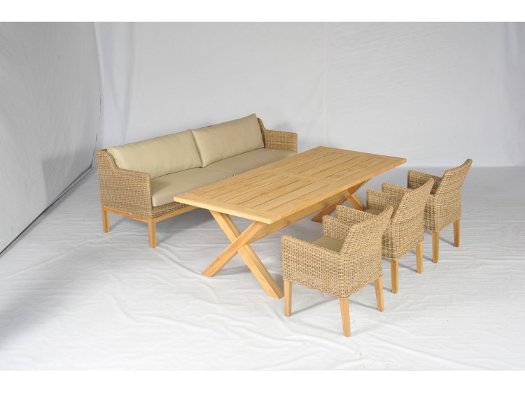 Maui Dining Sofa 4 Seater Low Arm 220 with Maui Dining Arm Chair and X Teak